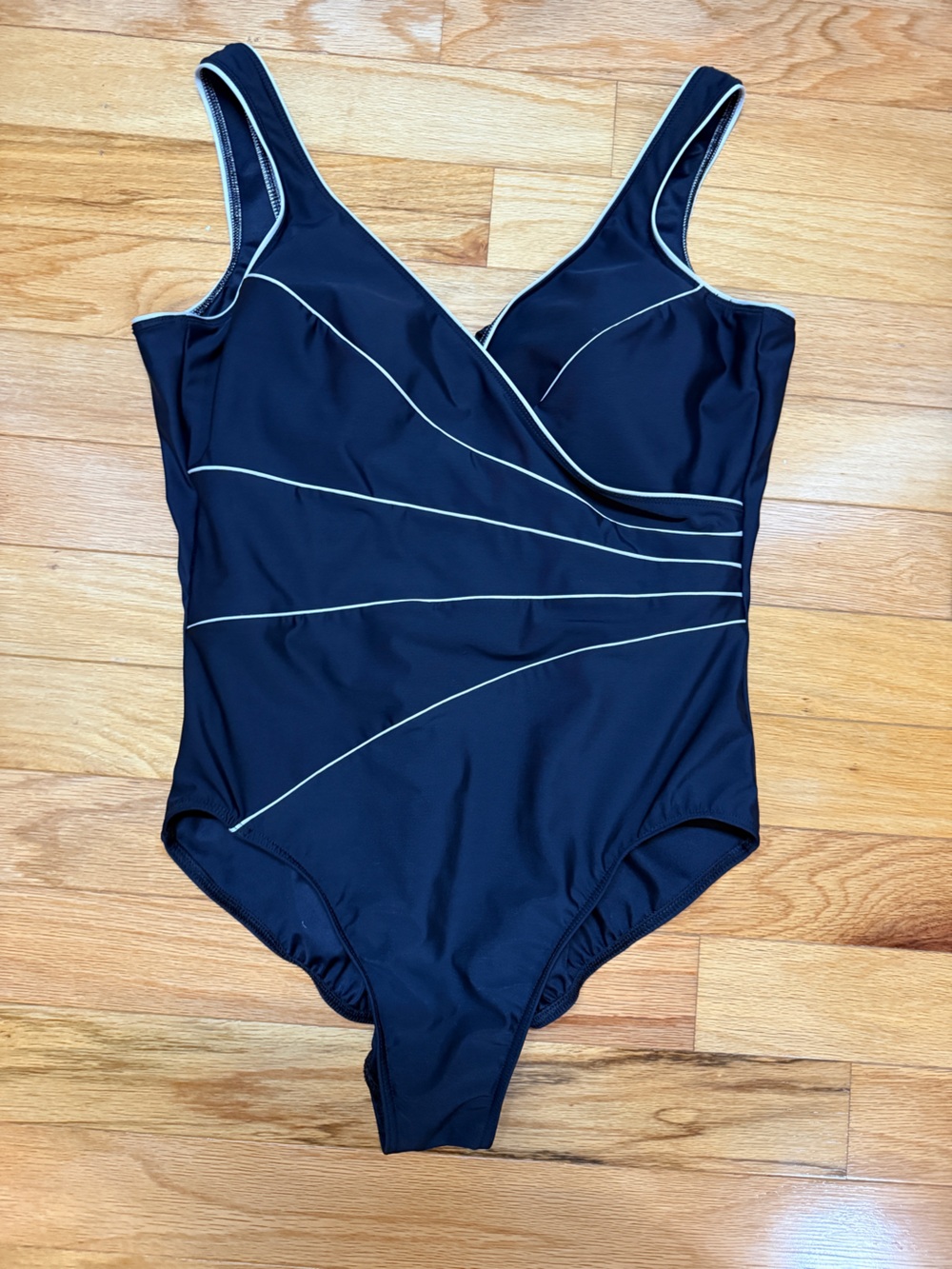 Black Women's One-Piece Swimsuit with cream Contrast Piping